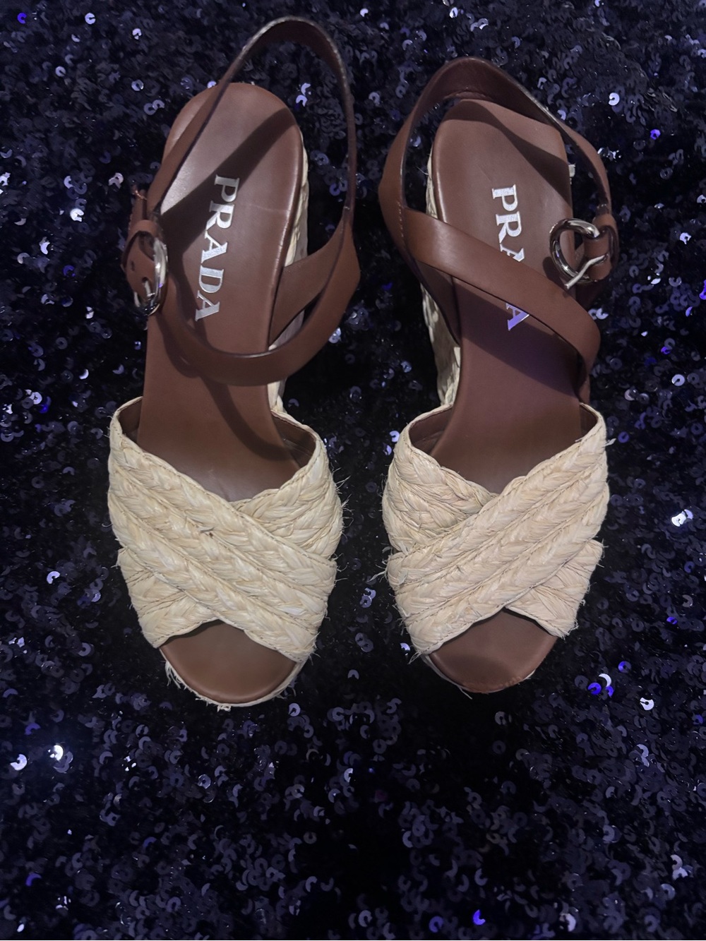 Prada Crisscross Raffia Wedge High Heel Sandal - Picture 2 of 10